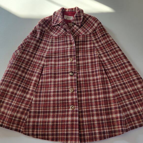 Vintage Seaton Hall Wool Red Plaid Poncho Cape Button-up Lined Small/Medium - Picture 1 of 7